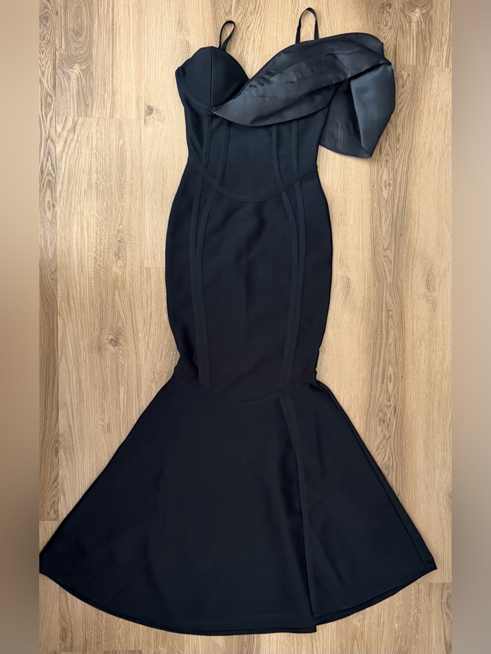 Fashion Nova Black Strapless Mermaid Gown with Draped Detail